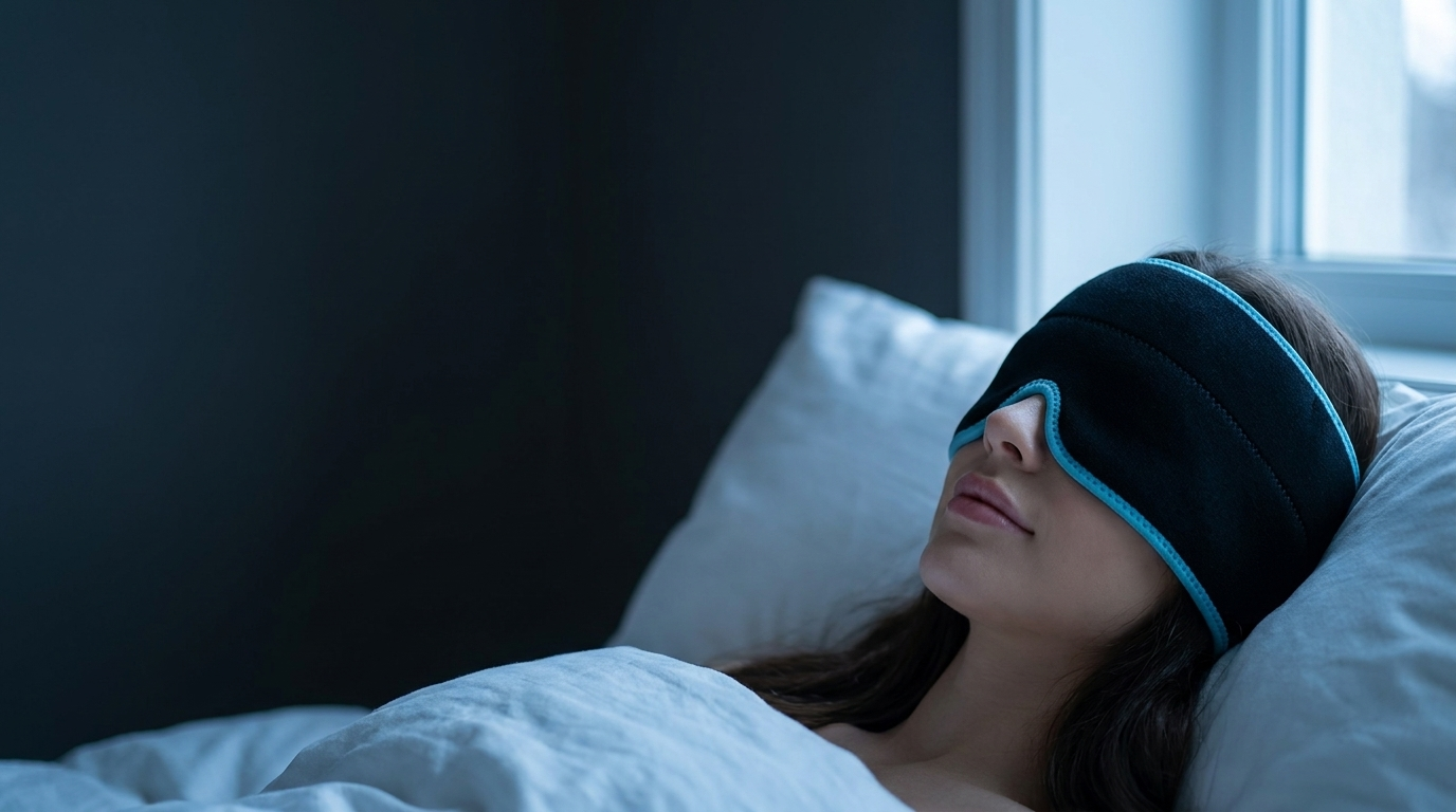 Woman resting in a dark bedroom wearing the IceLull cooling cap