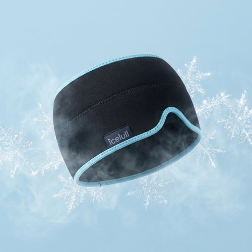 IceLull cooling cap with woven brand label, snowflake background