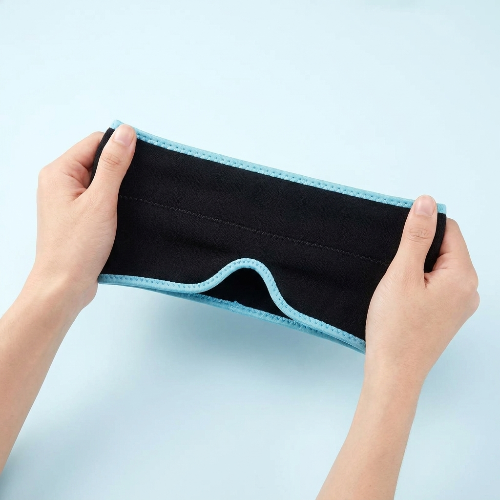 Hands stretching the IceLull cap to show its one size fits all elastic fabric