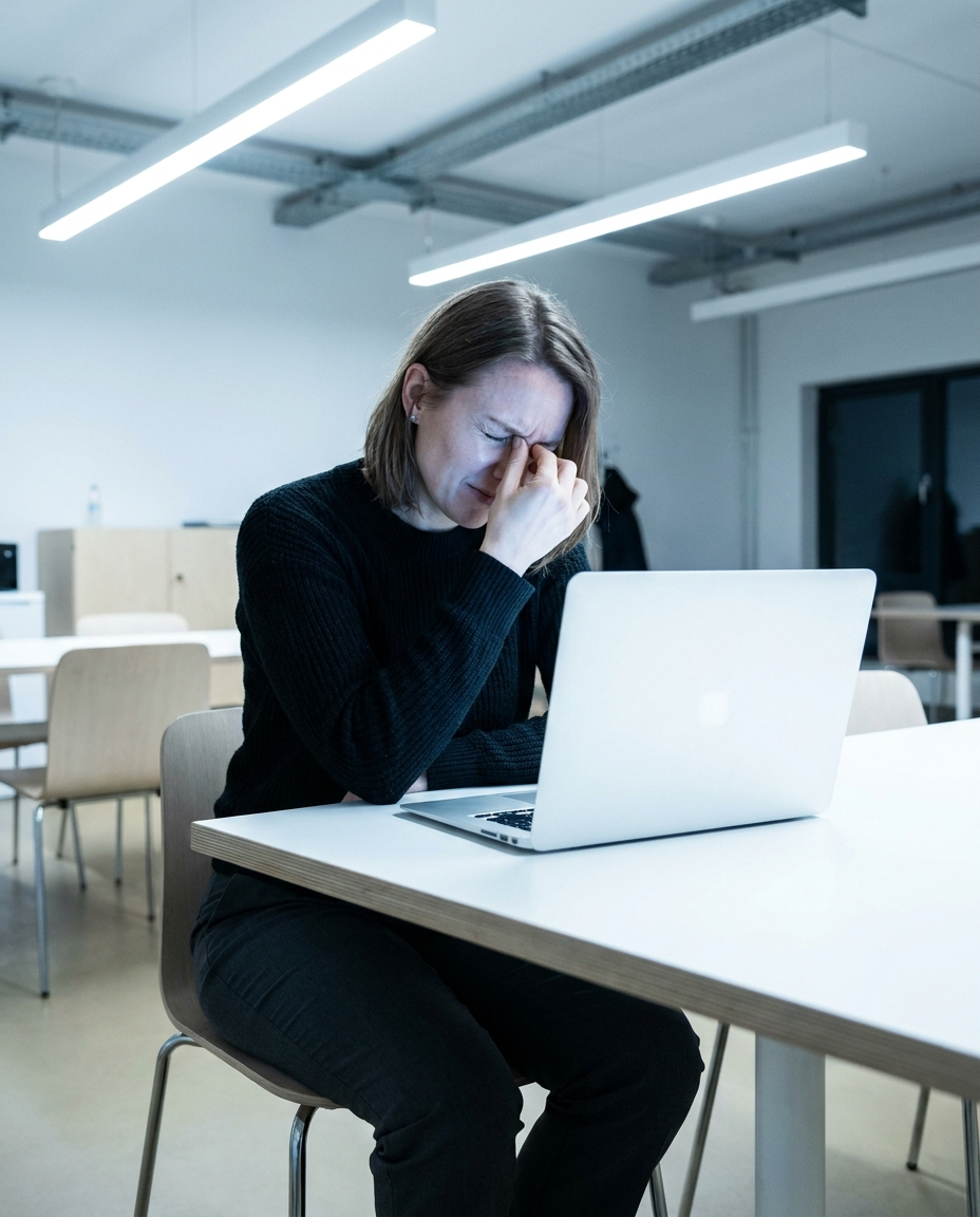 Woman at a desk with a tension headache